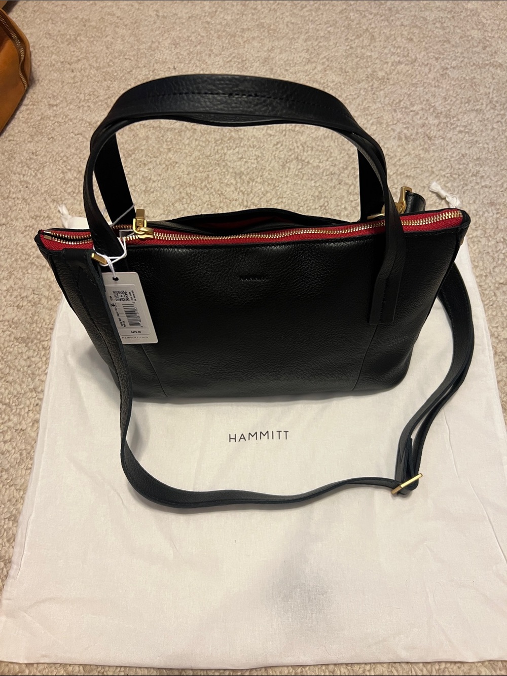 Hammitt medium Addie soft black leather with Red Interior zipper Gold Accents